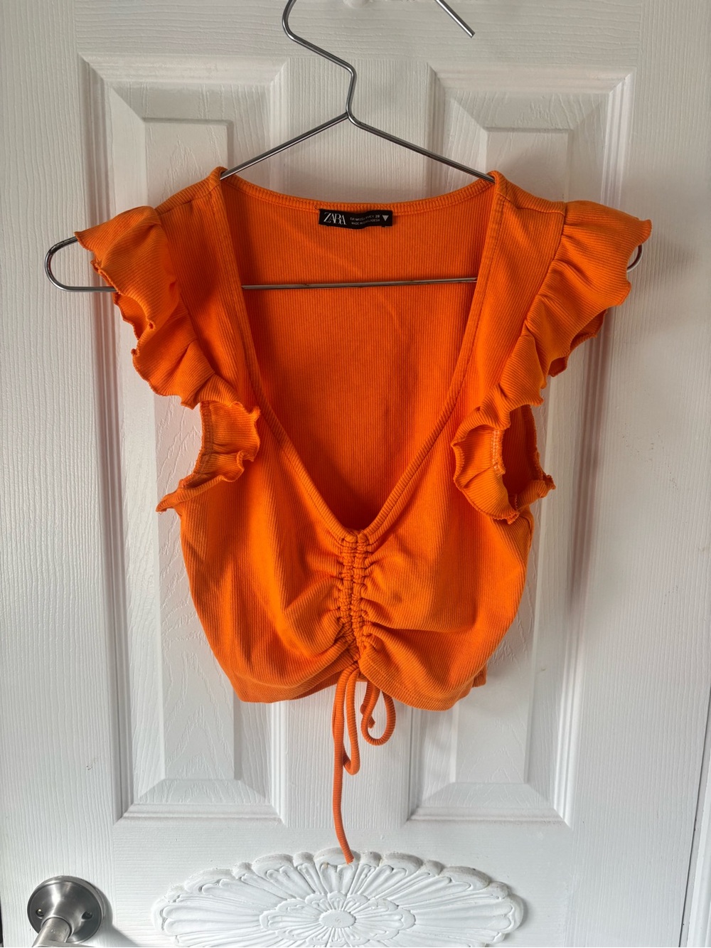 Zara Bright Orange Ruffle-Shoulder Drawstring Crop Top